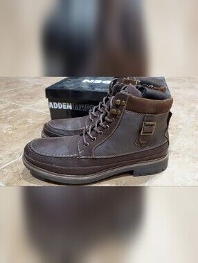 Steve Madden Brown Leather Lace-Up Moc Toe Boots with Buckle